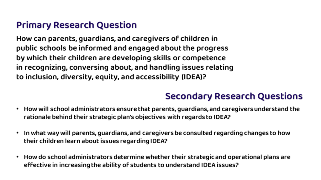 A graphic of the primary research quest ion and secondary research questions for this project.